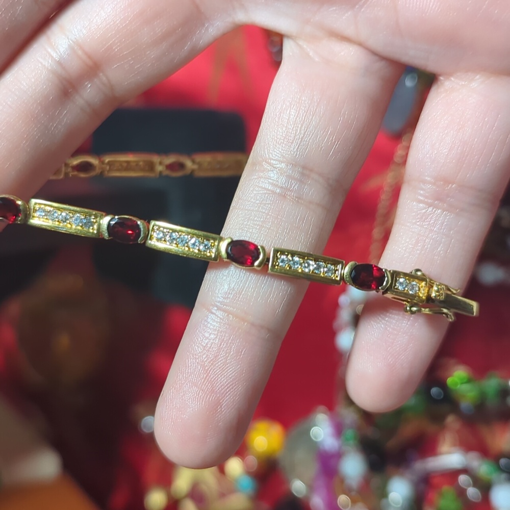 925 sterling silver gold plated jjt garnet & cz bracelet length 7